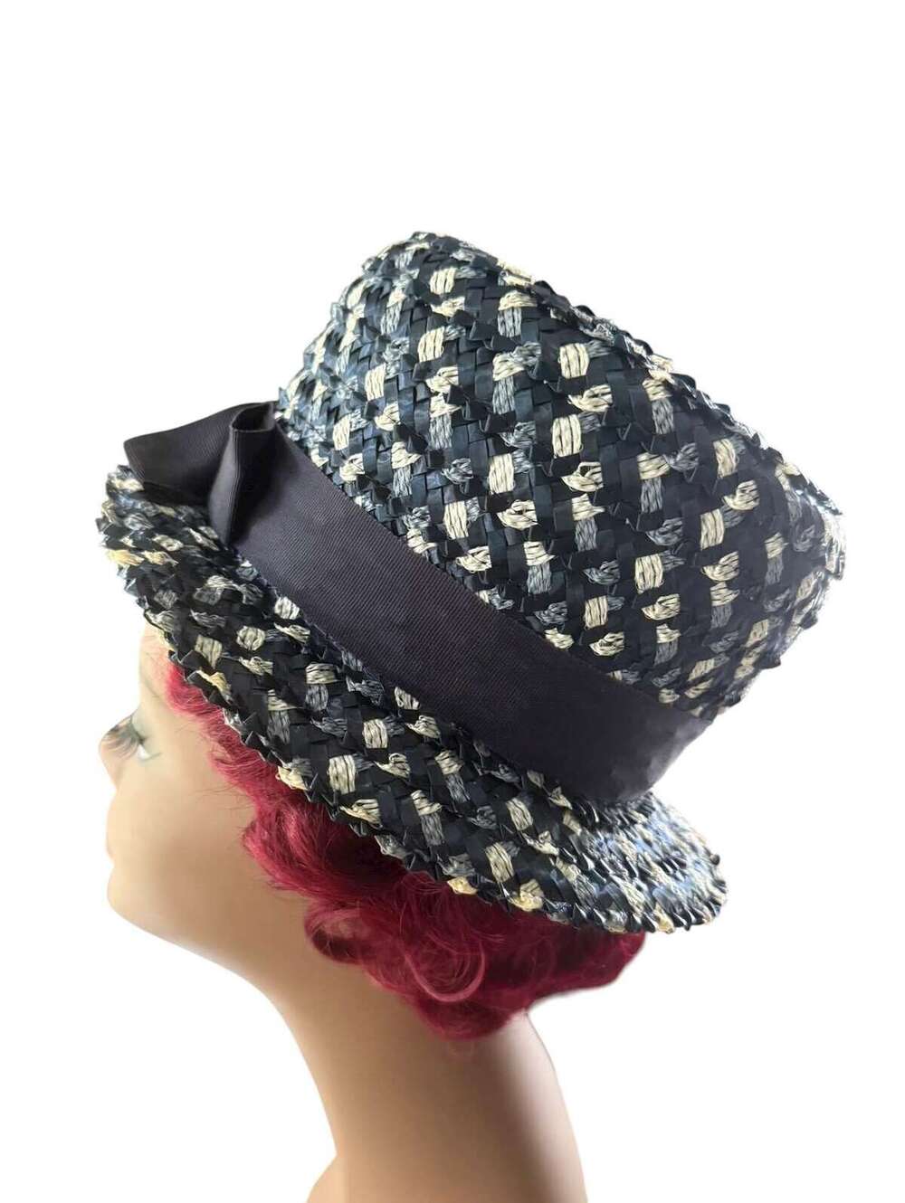 Vintage 1970s Woven Straw Hat, Mod Bucket, Ribbon and Bow, Blue White, Formal - Picture 6 of 7